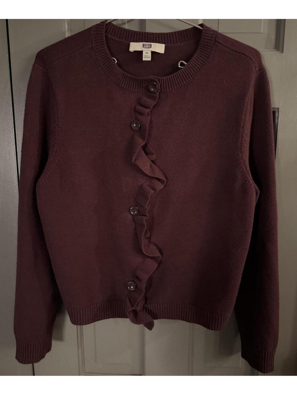 Etcetra Burgundy Long Sleeve Button Down Sweater With Frill Detail Size M